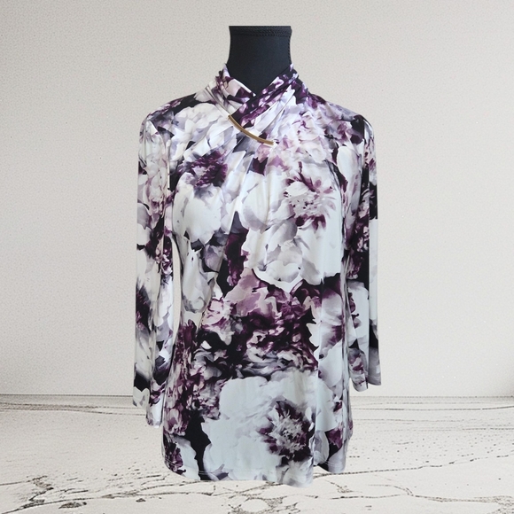 Calvin Klein White and Purple Ruched Blouse with 3/4 Sleeves And Gold Accent S - Picture 1 of 4